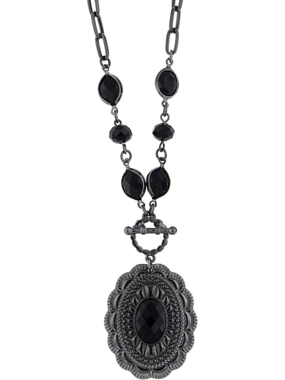 Elegant Jet Black Stone Pendant Necklace, Oval Beads, 18" Chain + 3" Extender
